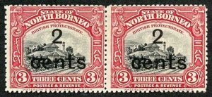 North Borneo SG186 1916 2 Cents on 3c Un-used No Gum Fine and Fresh PAIR