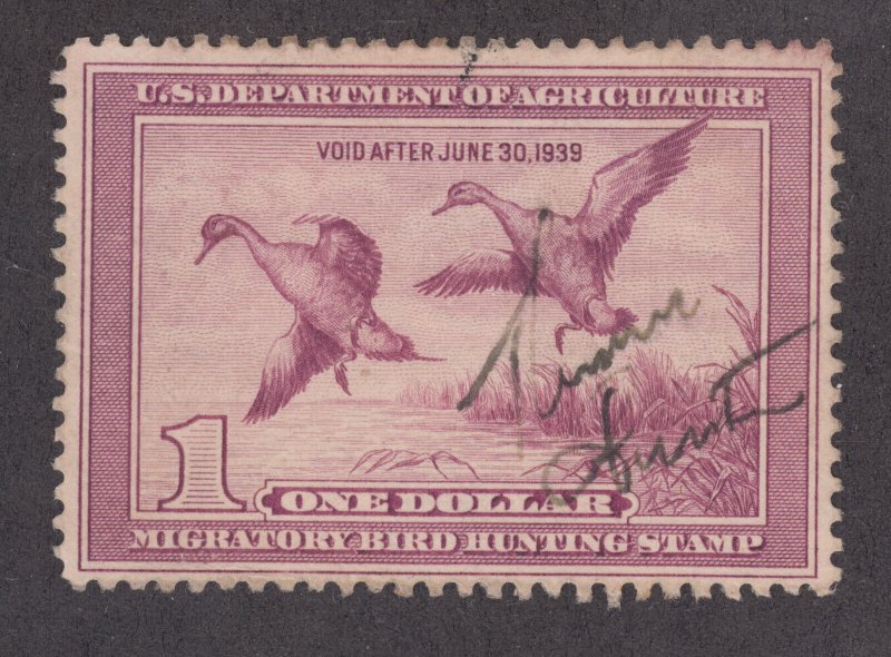 US Sc RW5 used. 1938 $1.00 light violet Duck Hunting Permit, sound.
