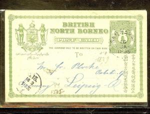 NORTH BORNEO (P1106B) PSC 8C 1895 TO GERMANY WITH SHORT MSG