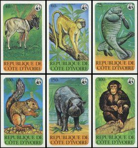 Ivory Coast 1979 Sc 528-533 imperf Monkey squirrel hippo chimp manatee WWF 