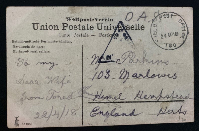 1918 British Field Post Office Egypt OAS Picture Postcard cover To England