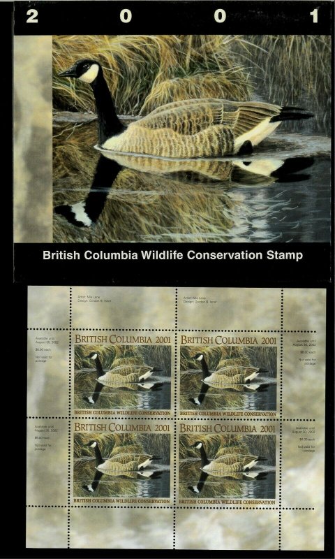 BRITISH COLUMBIA  #7 2001 CANADA GOOSE CONSERVATION STAMP MINI SHEET  IN FOLDER