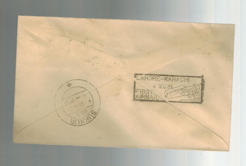 1934 Karachi to Lahore India FFC First FLight Cover  ATA Airmail 