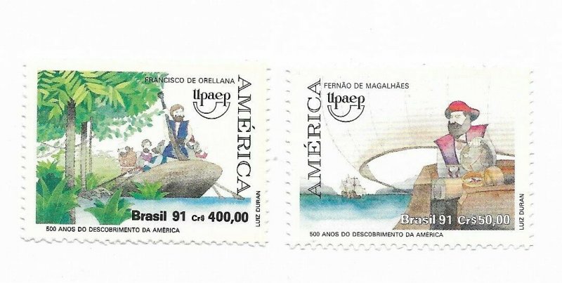 BRAZIL 1991 500TH ANNIV OF DISCOVERY OF AMERICA MAGALLANES ORELLANA 2 VAL MNH 