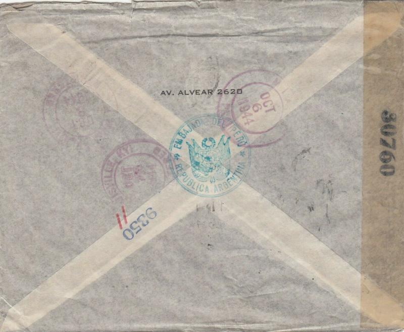 Registered Cover from Peruvian Embassy in Argentina to USA 1944 Censored