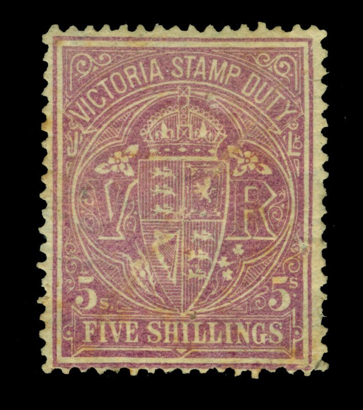 VICTORIA 1879 Stamp Duty  5sh rose carmine  Scott # AR43  unused