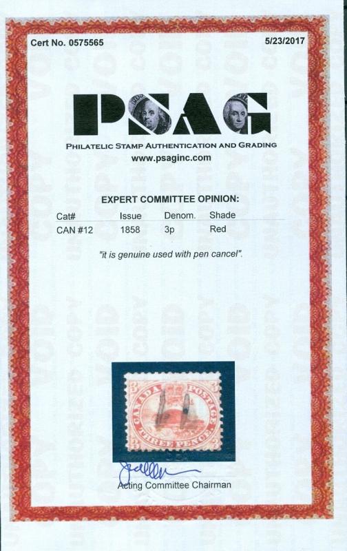 EDW1949SELL : CANADA 1858 Scott #12 Used Scarce sound stamp PSAG Cert. Cat $1300