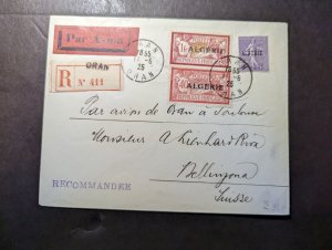 1925 Registered France Algeria Overprint Airmail Cover Oran to Switzerland