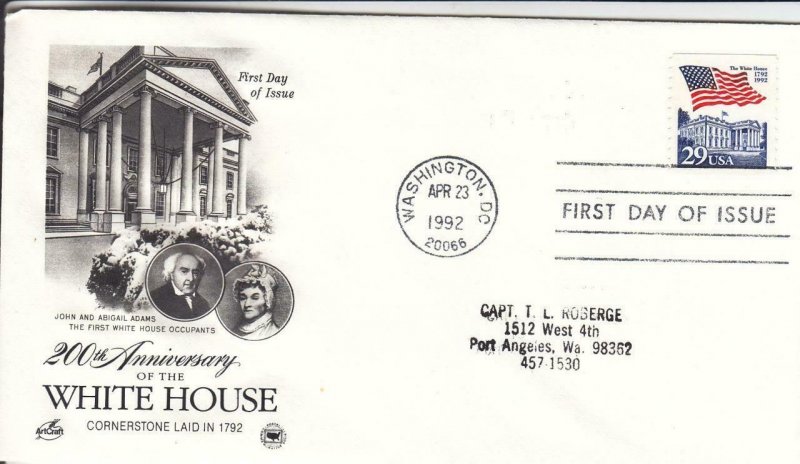 1992, 200th Anniv. White House, Artcraft/PCS, FDC (D15257)