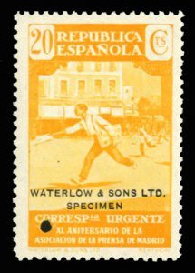 Spain #E15S, 1936 20c yellow, overprinted Waterlow and Sons, Specimen, with...