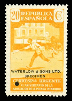 Spain #E15S, 1936 20c yellow, overprinted Waterlow and Sons, Specimen, with...