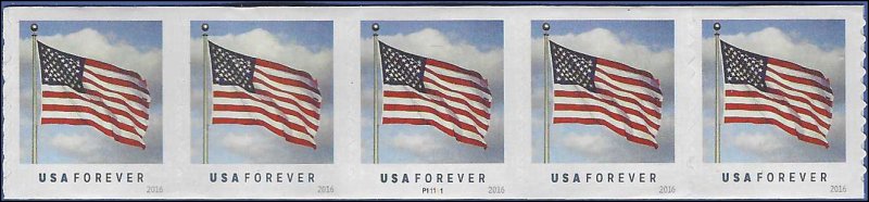 #5053 (49c Forever) U.S. Flag  PNC Strip/5 #P11111 2016 Mint NH Roll End