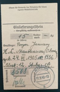 1940 Rippin Germany To Concentration Camp Money Order Receipt Mauthausen-Gusen