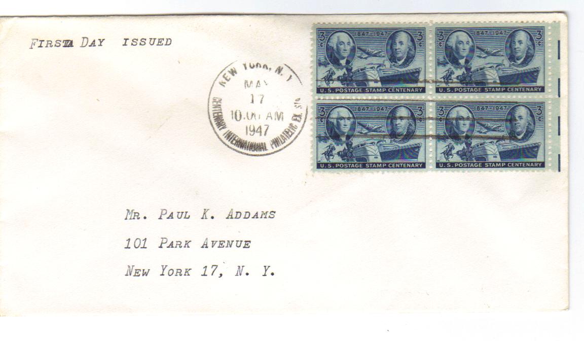Scott #947 First Day Cover FDC Postage Stamp Centenary 1947 NY No Cachet