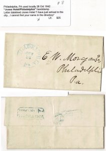 USA 1842 stampless cover Jones Hotel Phila PA