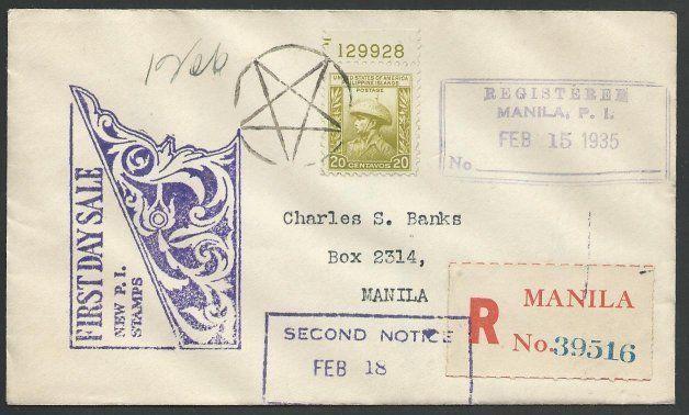 PHILIPPINES 1935 20c PLATE # single on FDC.................................11686