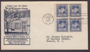 1940 Famous Americans Sc 867-56 South Jersey Stamp Club 1st cachet block of 4