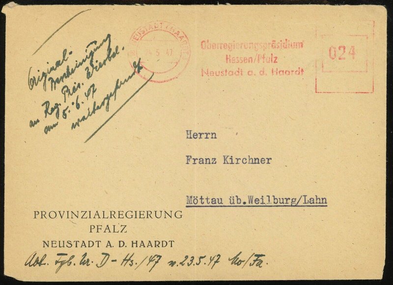 Germany Neustadt 1947 Palatinate Provincial Government Official Correspondence