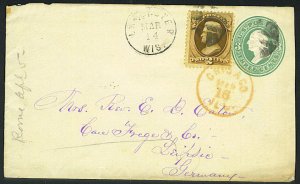 US 1870's 3c POSTAL COVER UPGRADED 2c LANCASTER,WIS. VIA CHICAGO ILL RED CANCEL