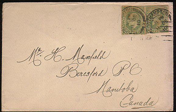 GB 1910 COVER - 2 EVII ½d stationery cutouts used for postage to Canada....44628