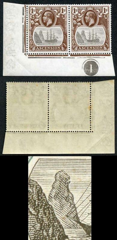 Ascension SG18c 1/- Badge Variety CLEFT ROCK in a U/M PAIR (light tone spots)