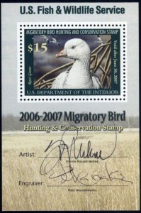 US RW73b - Federal Duck Stamp. Mini Sheet  Dual Signatures. MNH. Cv$180.00