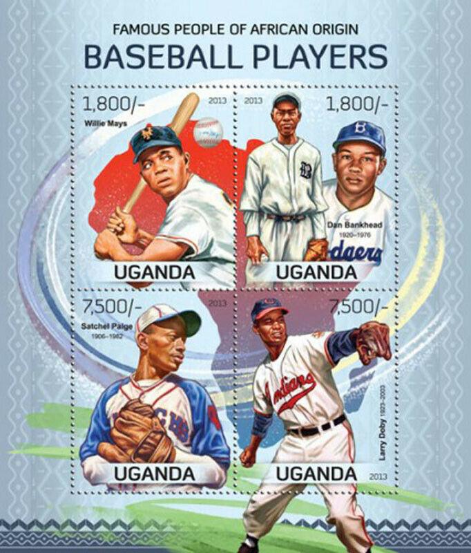 Uganda - Baseball Players - Mays, Paige, Doby - 4 Stamp Sheet 21D-102