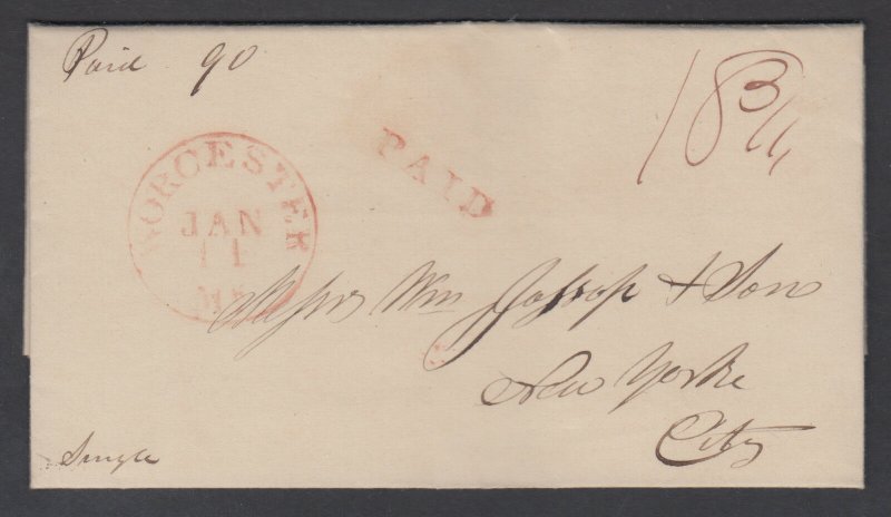 US, 1829 Stampless SFL, Worcester CDS, Red PAID + 18¾ Rate Mark