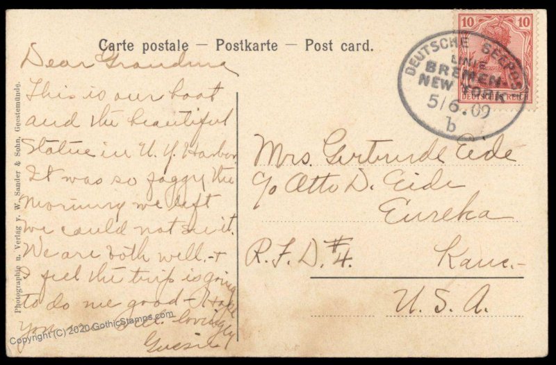 Germany 1909 Deutsche Seepost Bremen NY Cover Eureka Kansas G77583