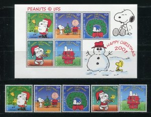 Gibraltar 890-895 Snoopy, Chalie Brown, Christmas Stamp Singles and Sheet MNH