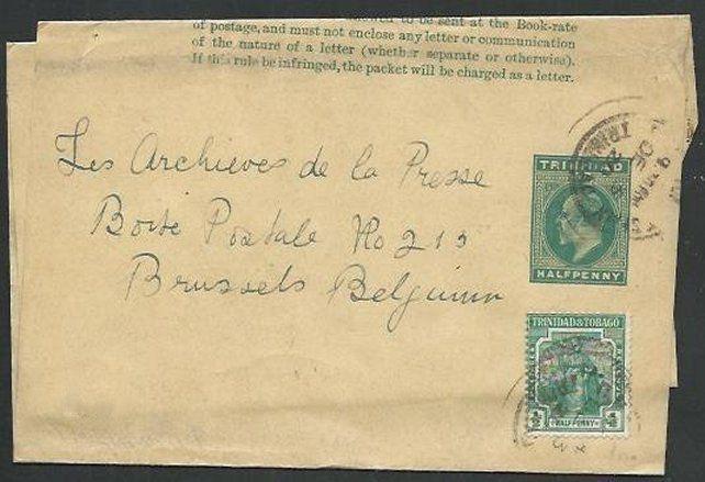 TRINIDAD 1920 Late use EVII ½d wrapper uprated ½d used to Belgium..........62076