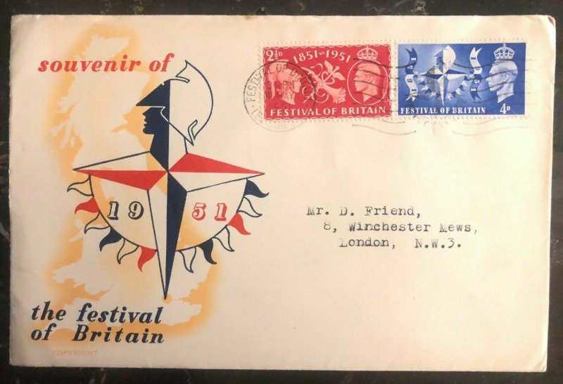 1951 London England First Day Cover Souvenir Festival Of Britain Locally Used