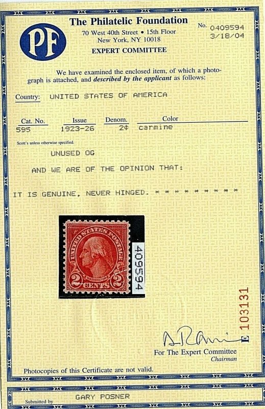 [E]  US #595 ~ Mint-NH-XF ~ ROTARY, Perf 11 ~ w/Clean 2003 PFC ~ Ships Free!