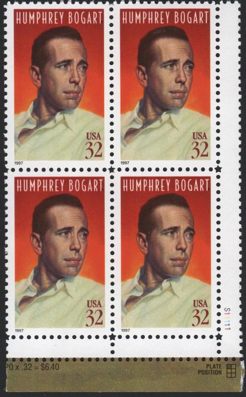 SC#3152 32¢ Legends of Hollywood: Humphrey Bogart Plate Block: LR #S1111 MNH