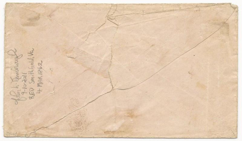 CSA Scott #1 Stone 1 on Cover Red Smithfield, VA CDS Marc 4, 1862