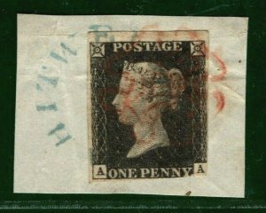 GB PENNY BLACK (AA) BRIGHT BLUE Undated *WHITWELL* Cancel 1840 Piece RARE YBLUE5 