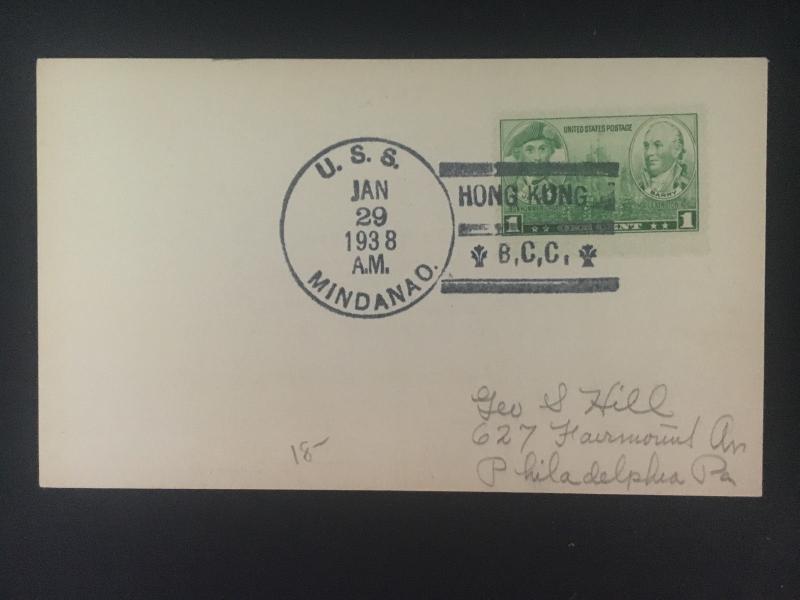 1938 US Navy Post Office Hong Kong China Cover to Philadelphia USA USS Mindinao