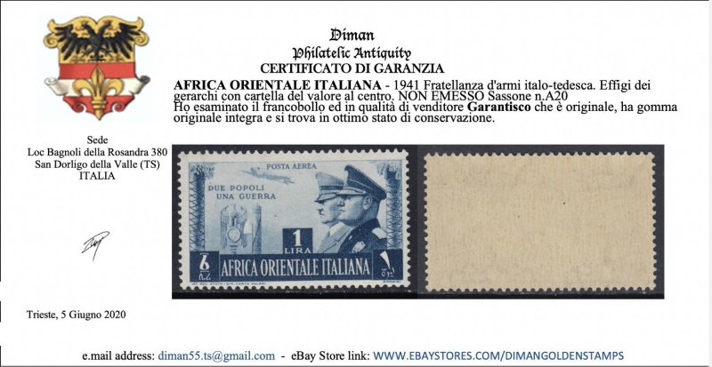 Italy East Africa - Hitler and Mussolini n.A20 - cv 1200$ Certificate - MNH**