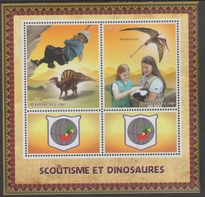 SCOUTS & DINOSAURS  perf sheet containing 2 values & 2 labels mnh