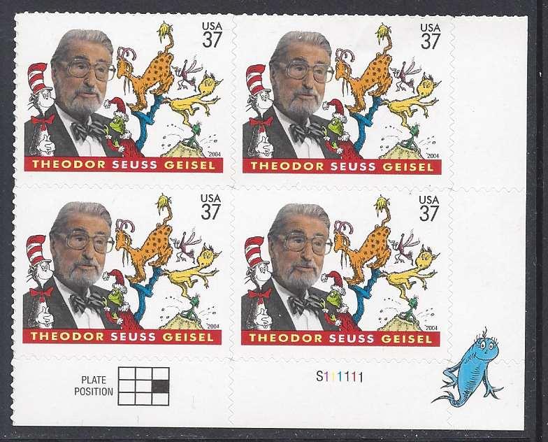 Catalog # 3835 Theodor Seuss Geisel Sam I Am  Plate Block of 4 32 Cent Stamps