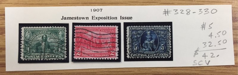 US #328,329,330 Used Jamestown Exposition Issue - Set Of 3 SCV ~ $42