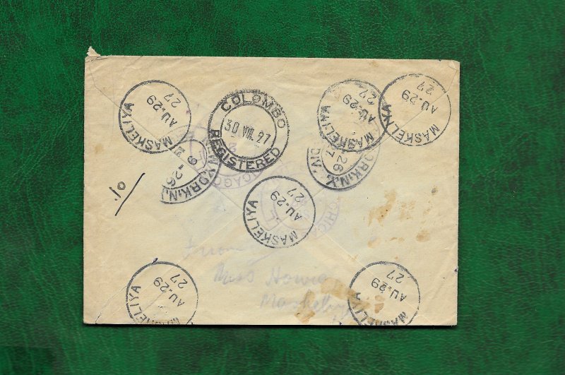 CEYLON 1927 REGISTERED COVER FROM MASKELIYA TO CHICAGO