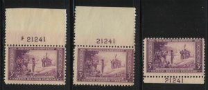 1934 Wisconsin Tercentenary 3c purple Sc 739 MNH matched plate number 21241 (B