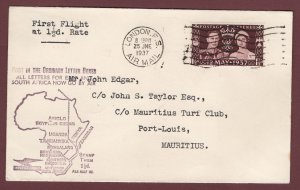 GB 1937 FFC first flight cover at 1½d rate to Mauritius, franked 1½d