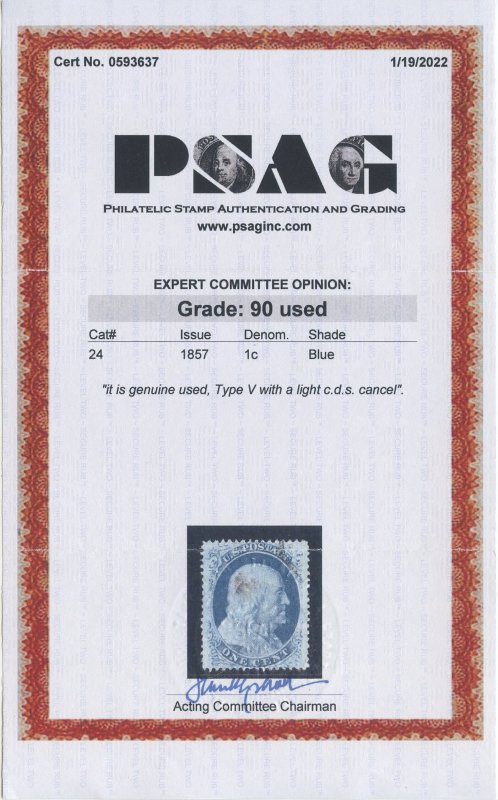 US Scott #24 Used, XF, PSAG (Graded 90)