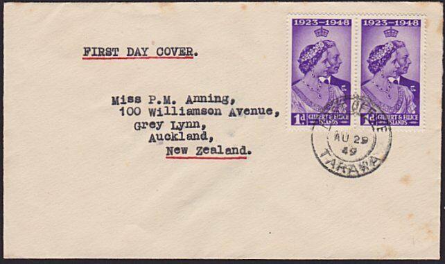 GILBERT & ELLICE IS 1949 SW 1d pair on cover FDC - ex Tarawa................6169