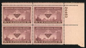 US Sc 1002 MNH PLATE BLOCK #24463 UR - 1951 3¢ Am. Chemical Society -  Fresh
