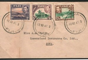 FIJI Cover 1947 Triple KGVI HIGH VALUES Franking Queensland Insurance Co. W268a