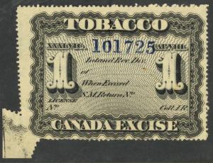 CANADA 1874 1LB. TOBACCO REVENUE MISPERFORATED DUE TO PAPER FOLD Br. M-191 Var