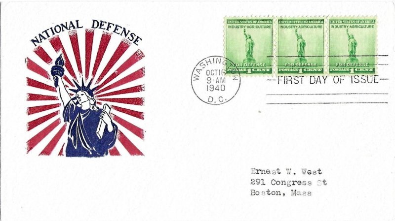 1940 FDC, #899, 1c National Defense, Cal-Craft, strip of 3